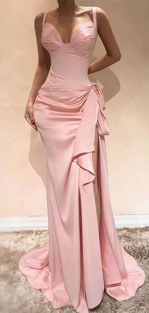 Sexy Sweetheart Neck Ruched Pink Silk Prom Dress with Slit,WGP2062