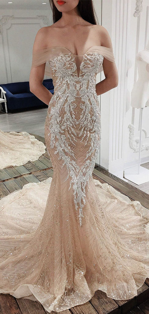 Sexy Champagne Off-Shoulder Mermaid Long Prom Dress Ideas, Evening Party Dresses,WGP1869