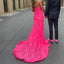 Unique Pink Lace Prom Gown with Sexy High Slit Halter V-Neck Sleeveless Mermaid Dress,WGP2088