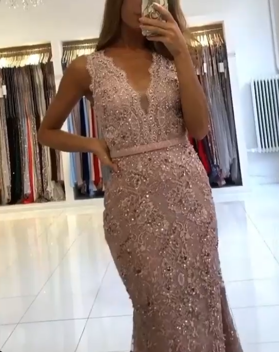 Sexy Pink V-Neck Spaghetti Strap Mermaid  Long Prom Dress Ideas, Evening Party Dresses,WGP1715