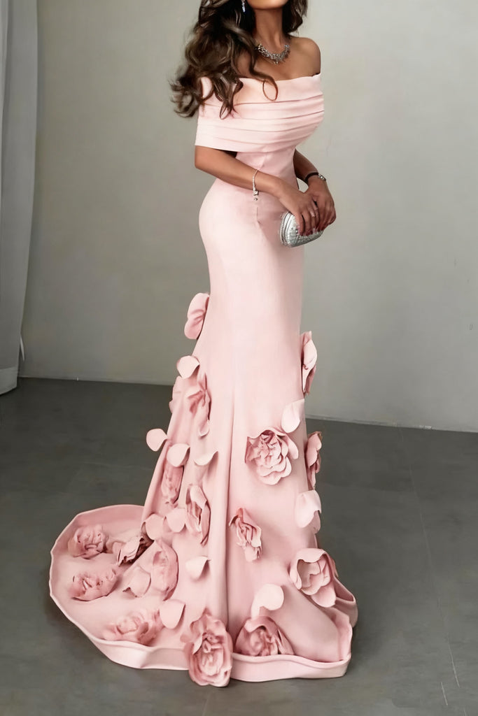 Unique Pink Floral Off-Shoulder Mermaid Sleeveless Long Prom Dress Ideas, Evening Party Dresses,WGP1685