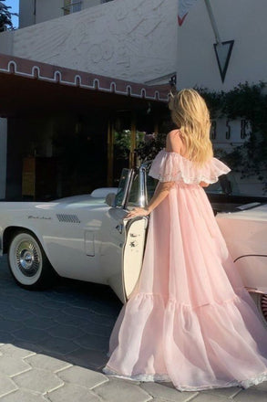 Elegant Off-the-Shoulder Organza Prom Dress Pink A-Line Formal Gown,WGP2129