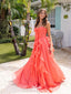 Stunning Coral Strapless Ruffle Prom Gown with Bow Detail and Flowing Chiffon Floor Length,WGP2103