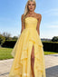 Elegant Strapless Yellow Chiffon Prom Dress Ruffle Layers High Slit Gown,WGP2120