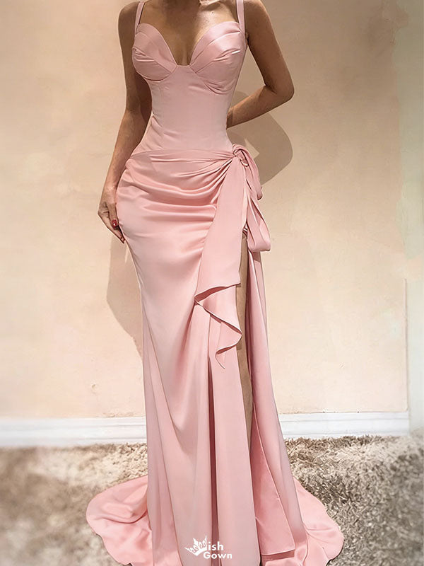 Sexy Sweetheart Neck Ruched Pink Silk Prom Dress with Slit,WGP2062
