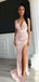 Elegant Pink V-Neck Mermaid Side Slit Long Prom Dress Ideas, Evening Party Dresses, WGP2025