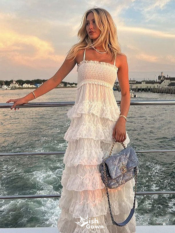 Pretty White Tiered Tulle Prom Dress Sexy Smocked Bodice Sleeveless A-Line Gown,WGP2174