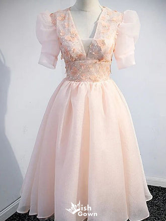 Elegant Short Sleeves V-neck A-line Short Mini Homecoming Dress,EPT621