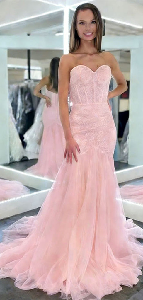 Unique Lace Mermaid Prom Dress Strapless Sweetheart Neck Backless Tulle Formal Gown,WGP2060