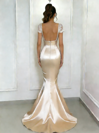 Classy Champagne Satin Prom Gown Lace Cap Sleeve Square Neck Ruched Mermaid Formal Dress,WGP2077