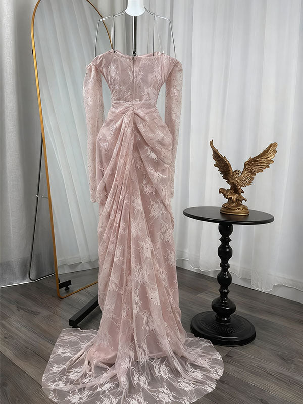 Sexy Pink Long Sleeve Lace Mermaid Long Prom Dress Ideas, Evening Party Dresses,WGP1785