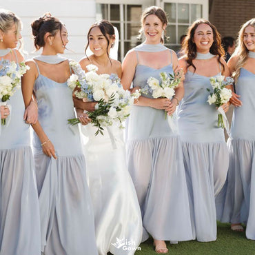 Elegant Blue Spaghetti Strap Sleeveless A-Line Long Bridesmaid Dresses Online,WGM449
