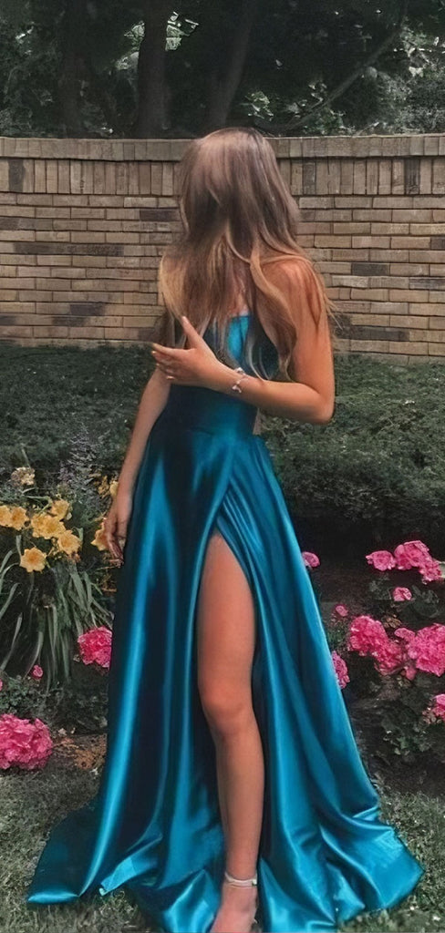 Popular Blue Spaghetti Strap Mermaid Side Slit Long Prom Dress Ideas, Evening Party Dresses, WGP1999
