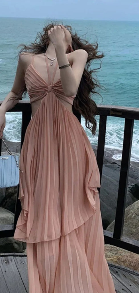 Unique Pink Spaghetti Strap A-Line Long Prom Dress Ideas, Evening Party Dresses,WGP1934