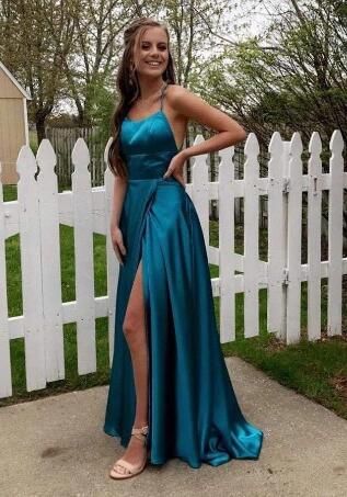 Popular Blue Spaghetti Strap Mermaid Side Slit Long Prom Dress Ideas, Evening Party Dresses, WGP1999