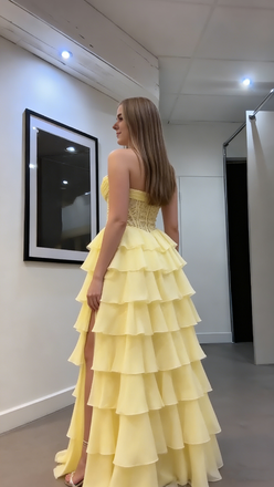Unique Yellow Tiered Ruffle Prom Dress Strapless Corset Bodice Tulle Ball Gown with Slit,WGP2056