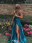 Popular Blue Spaghetti Strap Mermaid Side Slit Long Prom Dress Ideas, Evening Party Dresses, WGP1999
