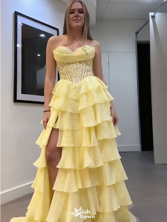 Unique Yellow Tiered Ruffle Prom Dress Strapless Corset Bodice Tulle Ball Gown with Slit,WGP2056