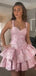 Cute Pink Spaghetti Strap A-Line Short Satin Homecoming Dresses For Party,EPT657