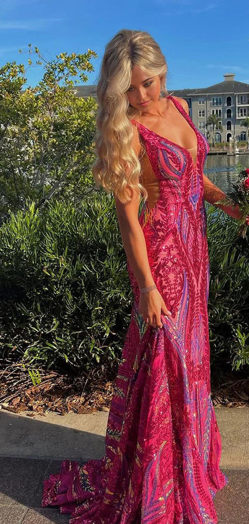 Unique Pink Spaghetti Strap Mermaid  Long Prom Dress Ideas, Evening Party Dresses,WGP1726