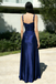 Modern Navy Blue Satin Prom Dress Embroidered Lace Straps Sleeveless Open Back Design, WGP2046
