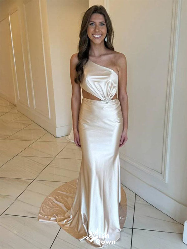 Elegant Champagne One-Shoulder Mermaid Side Slit Long Prom Dress Ideas, Evening Party Dresses, WGP2000