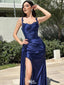 Modern Navy Blue Satin Prom Dress Embroidered Lace Straps Sleeveless Open Back Design, WGP2046