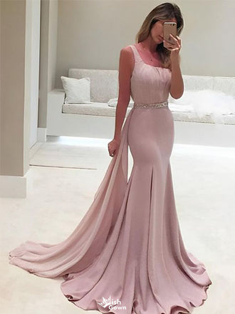 Elegant Pink One-Shoulder Mermaid Long Prom Dress Ideas, Evening Party Dresses,WGP1696