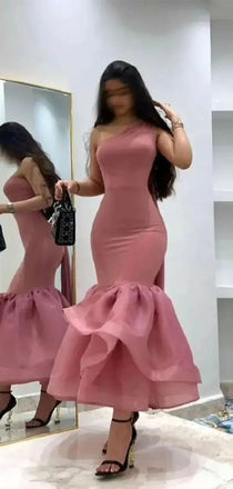 Elegant Pink One-Shoulder Mermaid Long Prom Dress Ideas, Evening Party Dresses,WGP1812