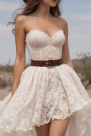 Unique High Low Lace Prom Dress Strapless Sweetheart A-Line Gown with Brown Leather Belt,WGP2047