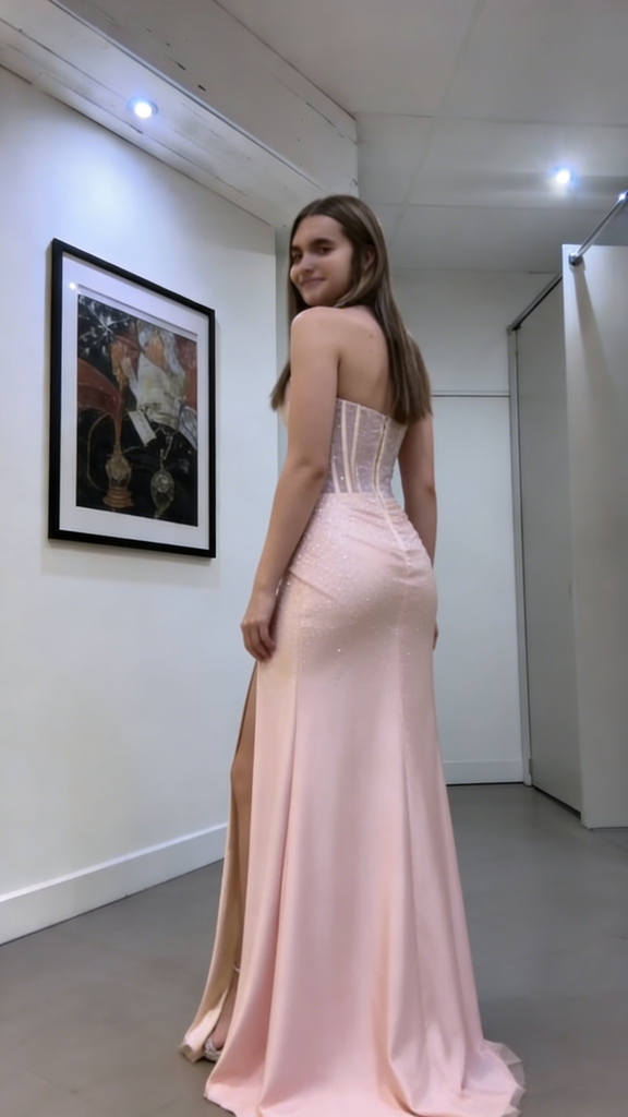 Modern Pink Mermaid Satin Prom Dress Crystal Waist Detail Boned Bodice Side Slit Skirt,WGP2048