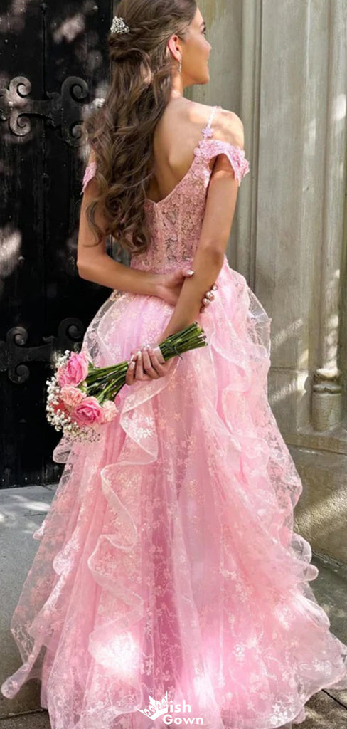 Gorgeous Off-shoulder Spaghetti Strap Lace A-line Long Prom Dress Ideas, Evening Party Dresses,WGP1229
