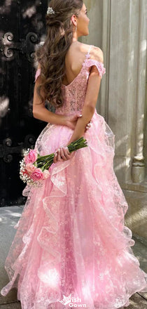 Gorgeous Off-shoulder Spaghetti Strap Lace A-line Long Prom Dress Ideas, Evening Party Dresses,WGP1229