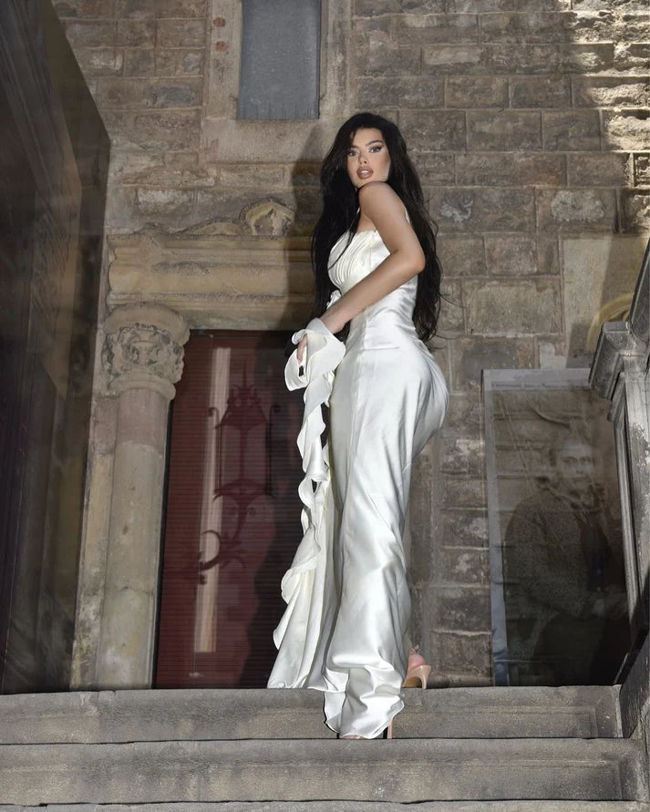 Elegant White Spaghetti Strap Mermaid Floral Long Prom Dress Ideas, Evening Party Dresses,WGP1701