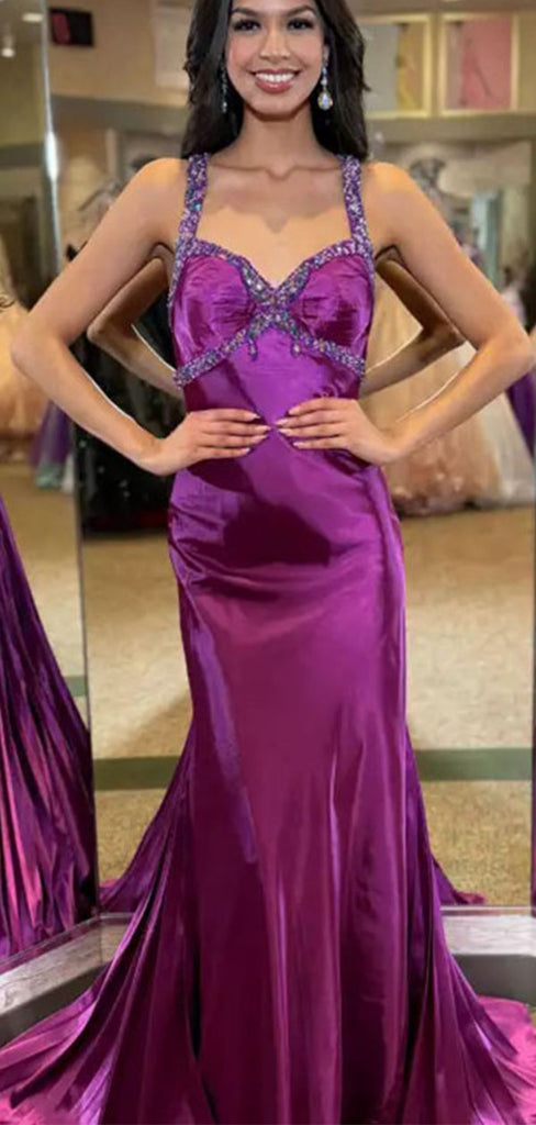 Unique Purple Spaghetti Strap Mermaid Side Slit Long Prom Dress Ideas, Evening Party Dresses, WGP2017