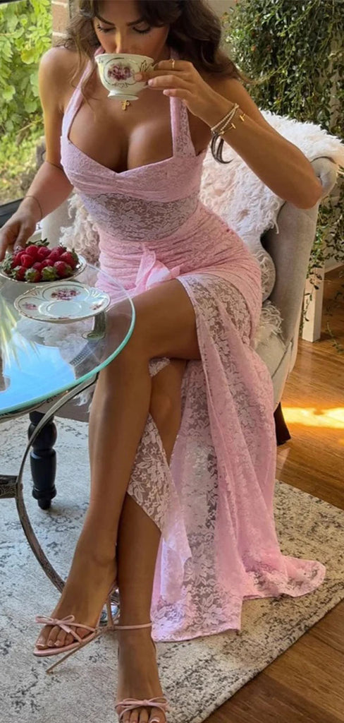 Classy Pink Lace Mermaid Prom Dress with Sexy High Slit and Halter Neck Sheer Bodice,WGP2104