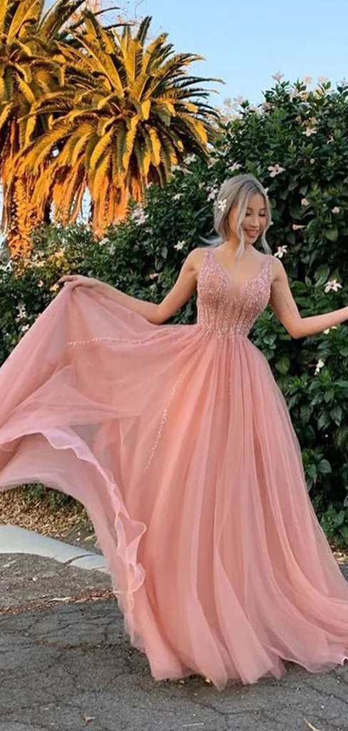 Elegant Pink V-Neck A-Line Long Prom Dress Ideas, Evening Party Dresses,WGP1827