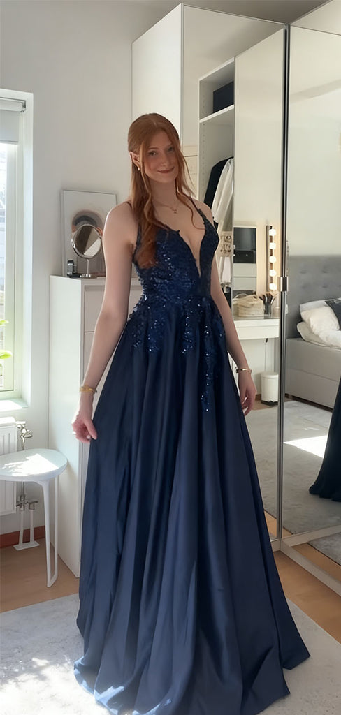 Sexy Navy Blue Spaghetti Strap A-Line Long Prom Dress Ideas, Evening Party Dresses,WGP1763