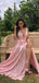 Elegant Pink V-Neck Side Slit Long Prom Dress Ideas, Evening Party Dresses,WGP1926