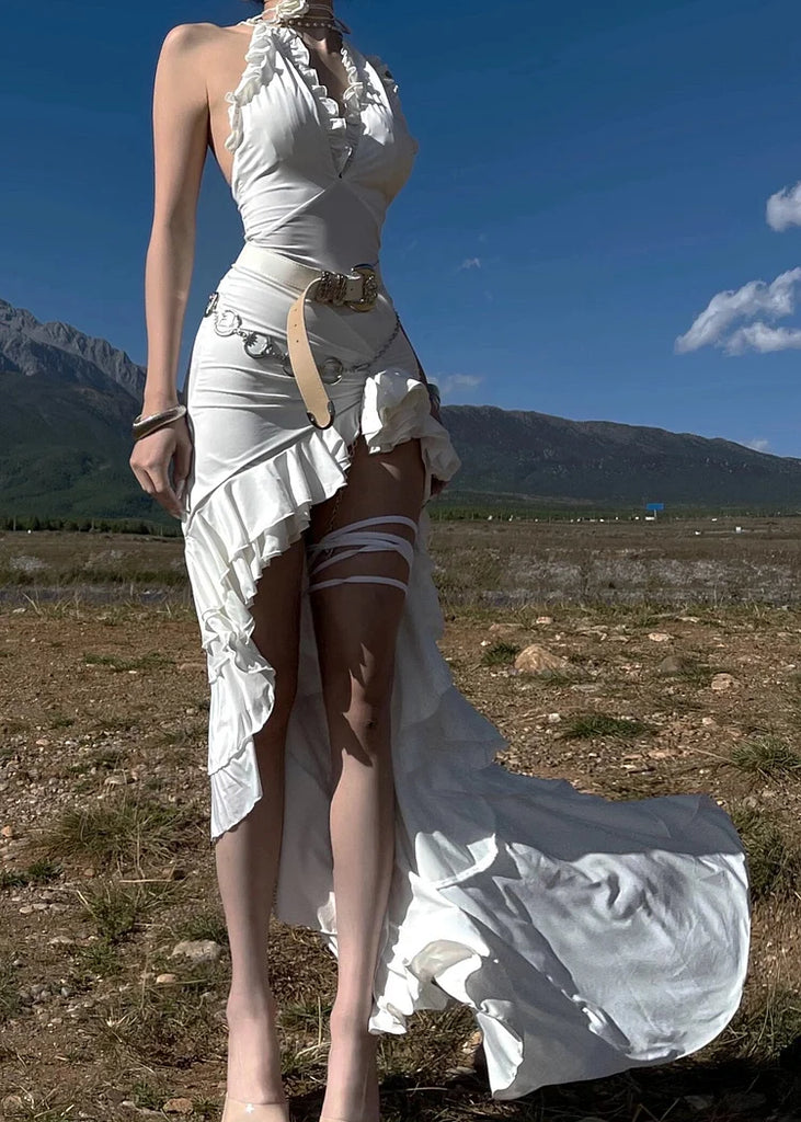 Elegant White V-Neck Mermaid Side Slit Floral Long Prom Dress Ideas, Evening Party Dresses,WGP1703