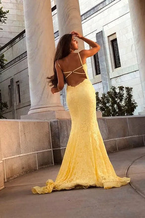 Unique Yellow Lace Applique Mermaid Prom Dress with Deep V-Neck Formal Gown,WGP2097