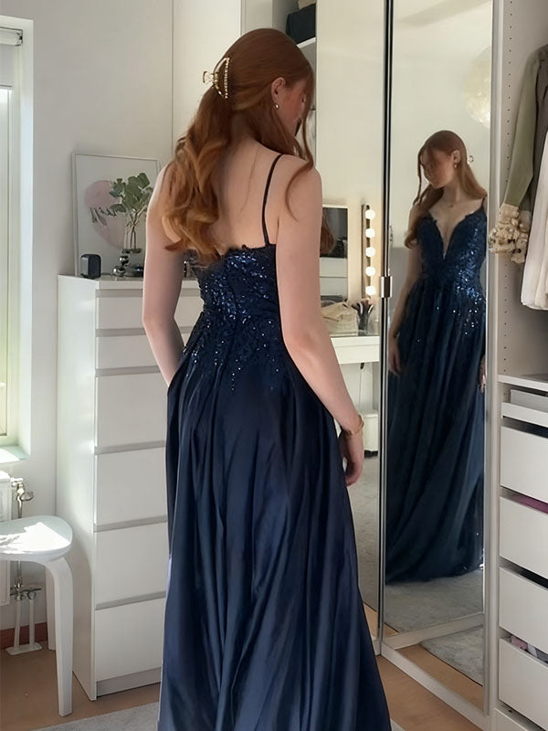 Sexy Navy Blue Spaghetti Strap A-Line Long Prom Dress Ideas, Evening Party Dresses,WGP1763