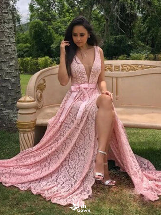 Elegant Pink V-Neck Side Slit Long Prom Dress Ideas, Evening Party Dresses,WGP1926