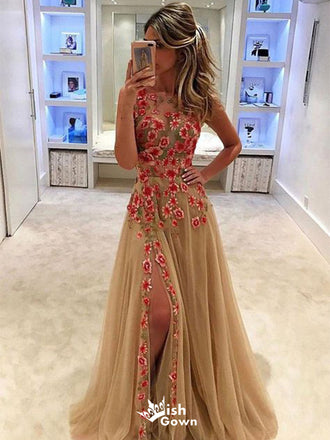 Elegant Flower A-Line Sleeveless Side Slit Popular Long Evening Dresses, Formal Dresses, Birthday Party, WGP580
