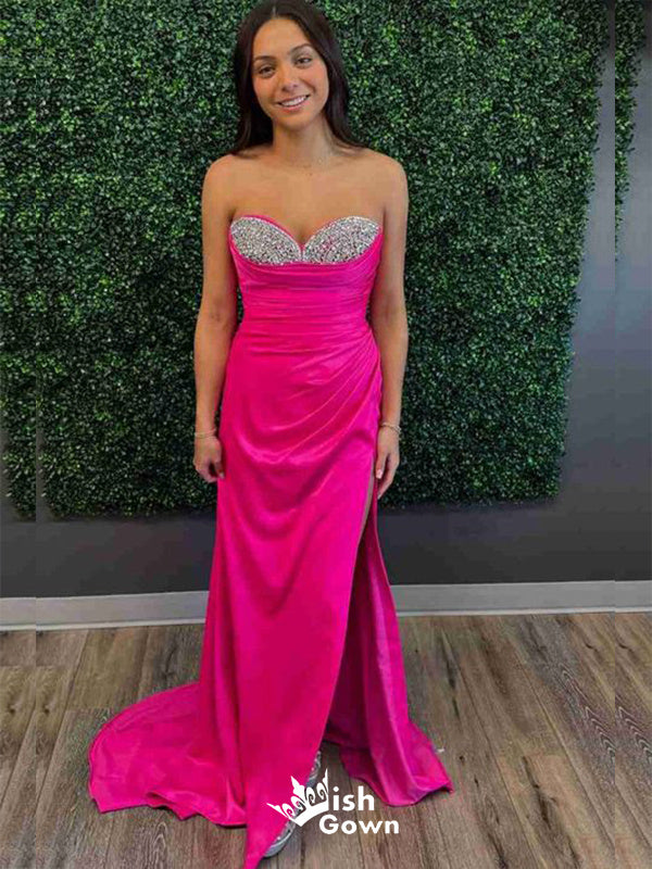 Hot Pink Strapless Sweetheart Beaded Sheath Long Party Dress Prom Dresses,Evening Dress Online, WGP895