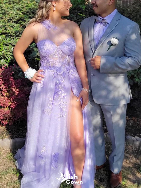 Elegant One-shoulder Lace Unique A-line Long Prom Dress Ideas, Evening Party Dresses,WGP1318