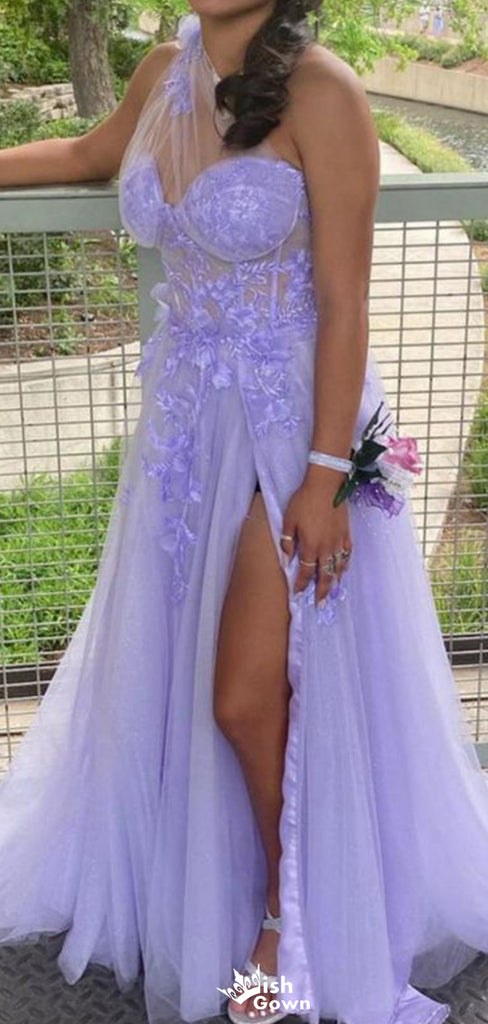 Elegant One-shoulder Lace Unique A-line Long Prom Dress Ideas, Evening Party Dresses,WGP1318