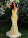 Elegant Yellow Spaghetti Straps V-Neck Memaid Long Prom Dress Ideas, Evening Party Dresses,WGP1857