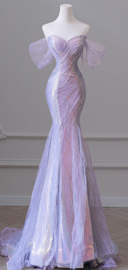 Sparkly Purple Off-Shoulder Mermaid Long Prom Dress Ideas, Evening Party Dresses,WGP1892