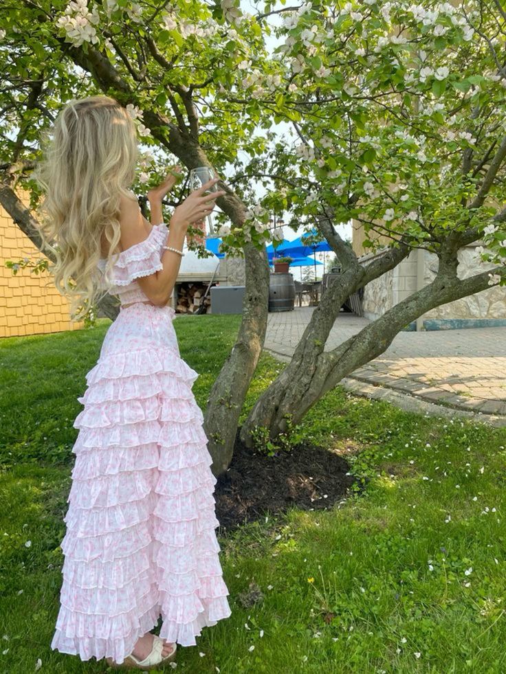 Pretty Floral Off Shoulder Two-Piece Prom Dress Ruffled Tiered Maxi Skirt Set,WGP2168